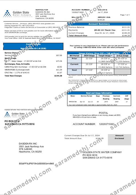 USA California Golden State Water Company business utility bill template in Word and PDF formats